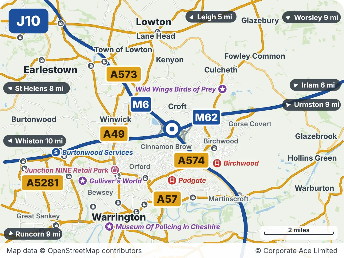 Map of the area within about 5 miles of M62 Junction 10 (Croft Interchange), showing the towns, villages, roads and places to visit