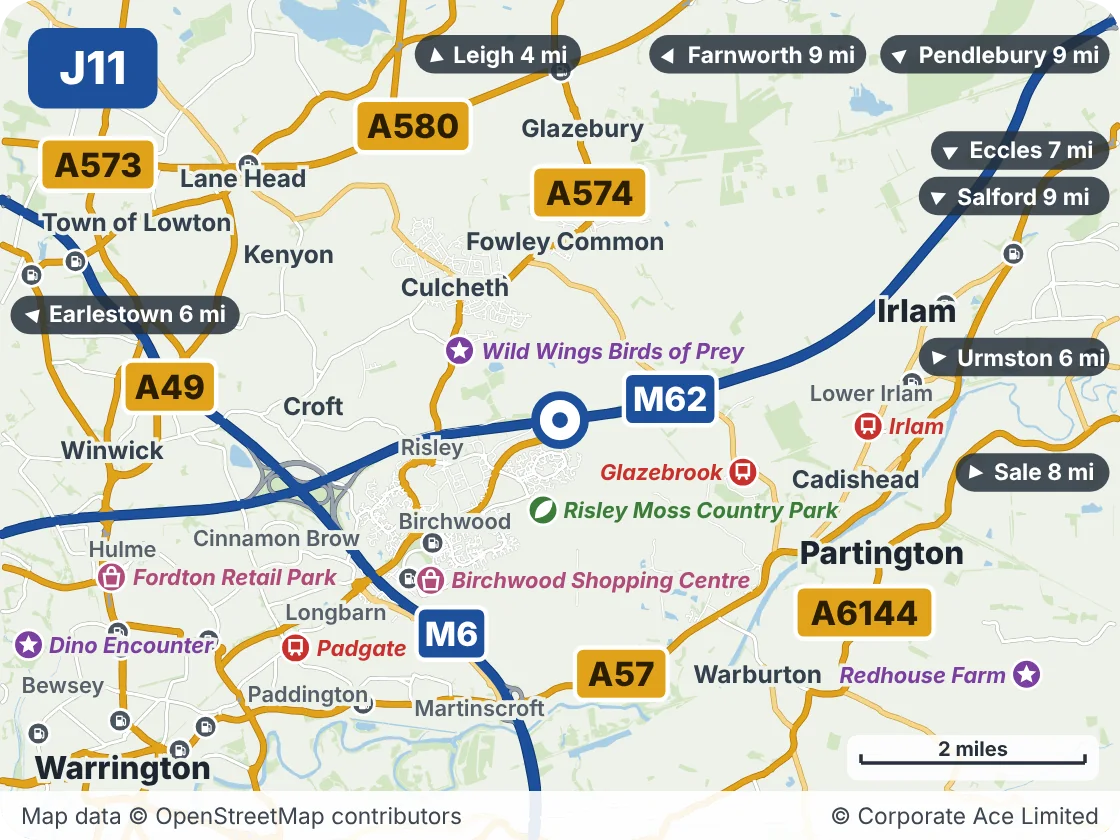 Map of the area within about 5 miles of M62 Junction 11 (Birchwood Interchange), showing the towns, villages, roads and places to visit