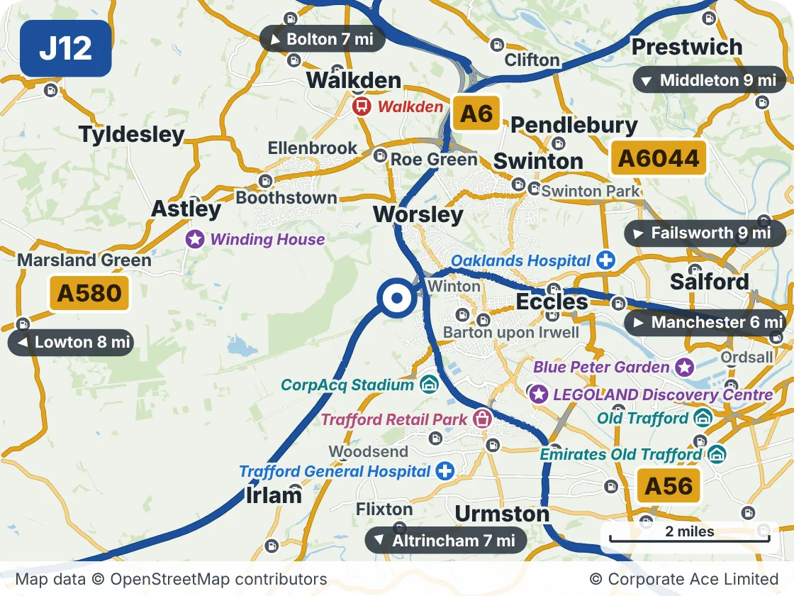 Map of the area within about 5 miles of M62 Junction 12 (Eccles Interchange), showing the towns, villages, roads and places to visit