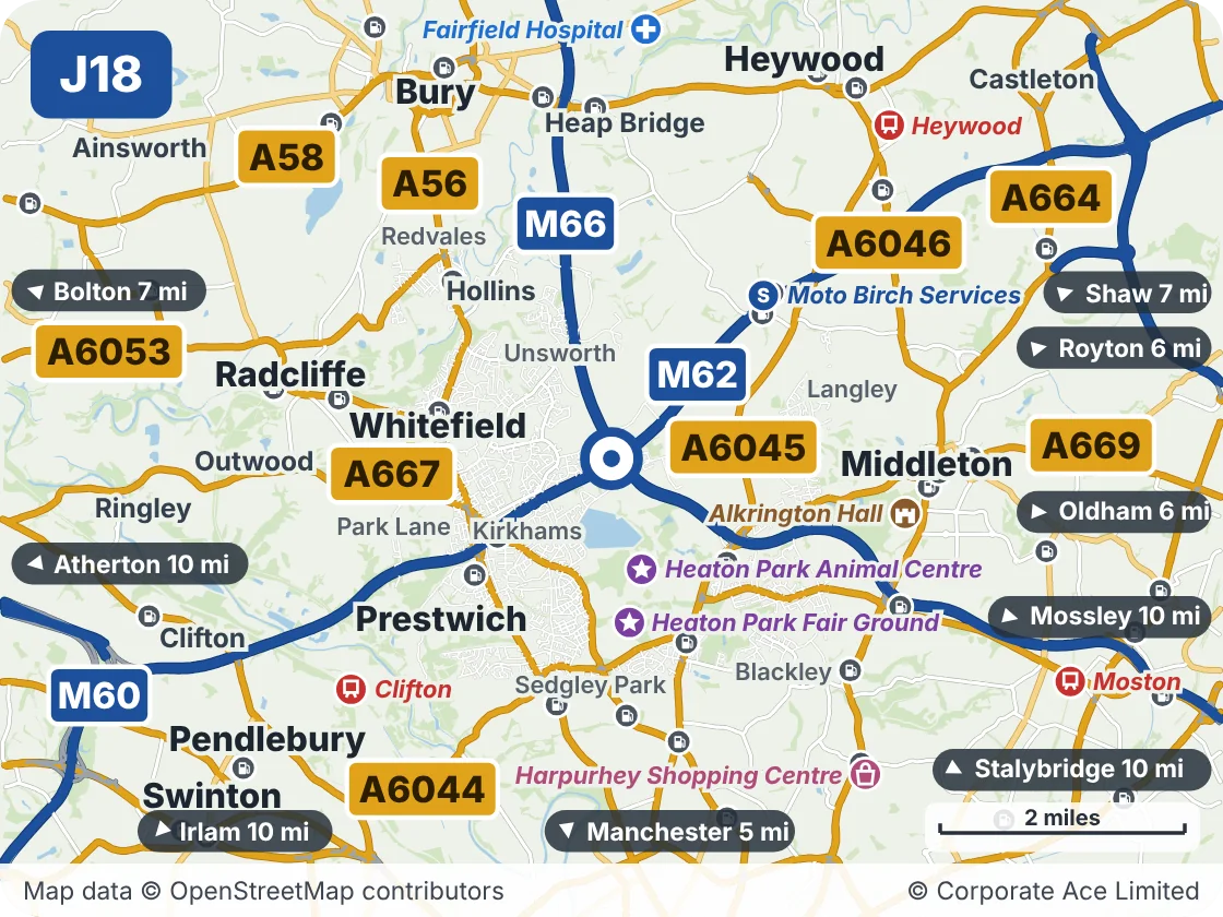 Map of the area within about 5 miles of M62 Junction 18 (Simister Interchange), showing the towns, villages, roads and places to visit