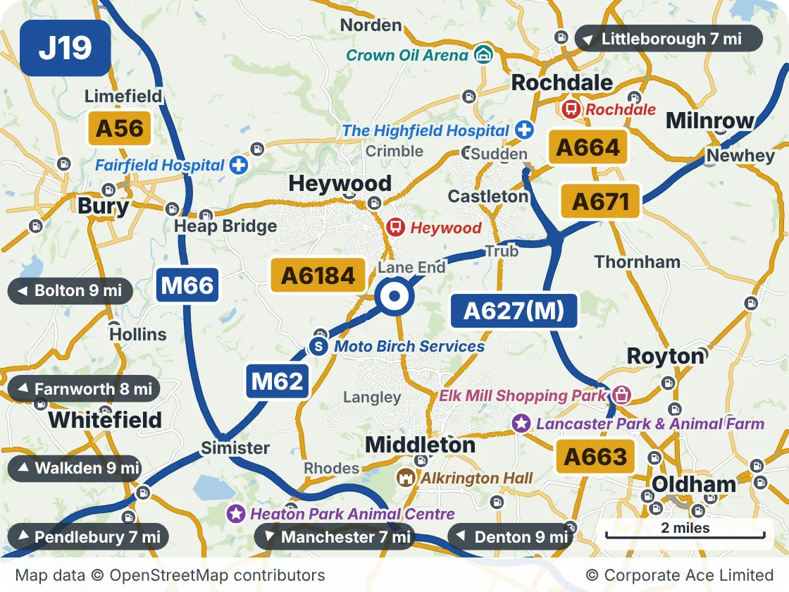 Map of the area within about 5 miles of M62 Junction 19 (Heywood Interchange), showing the towns, villages, roads and places to visit