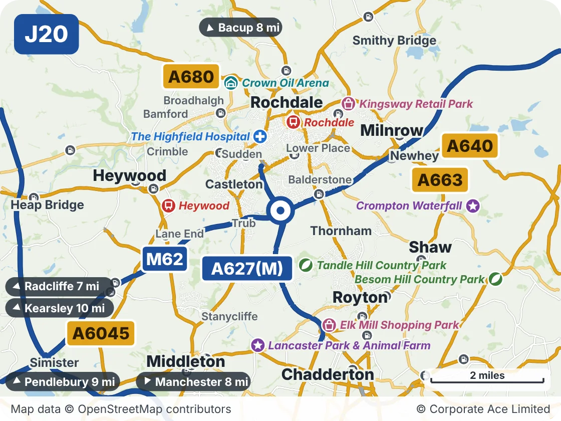 Map of the area within about 5 miles of M62 Junction 20 (Thornham Interchange), showing the towns, villages, roads and places to visit