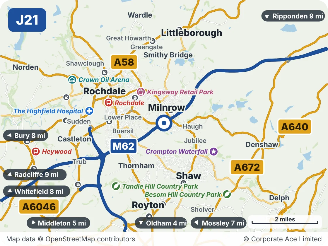 Map of the area within about 5 miles of M62 Junction 21 (Milnrow Interchange), showing the towns, villages, roads and places to visit
