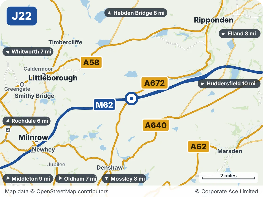Map of the area within about 5 miles of M62 Junction 22, showing the towns, villages, roads and places to visit