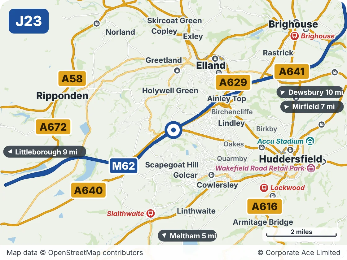Map of the area within about 5 miles of M62 Junction 23 (Outlane Interchange), showing the towns, villages, roads and places to visit