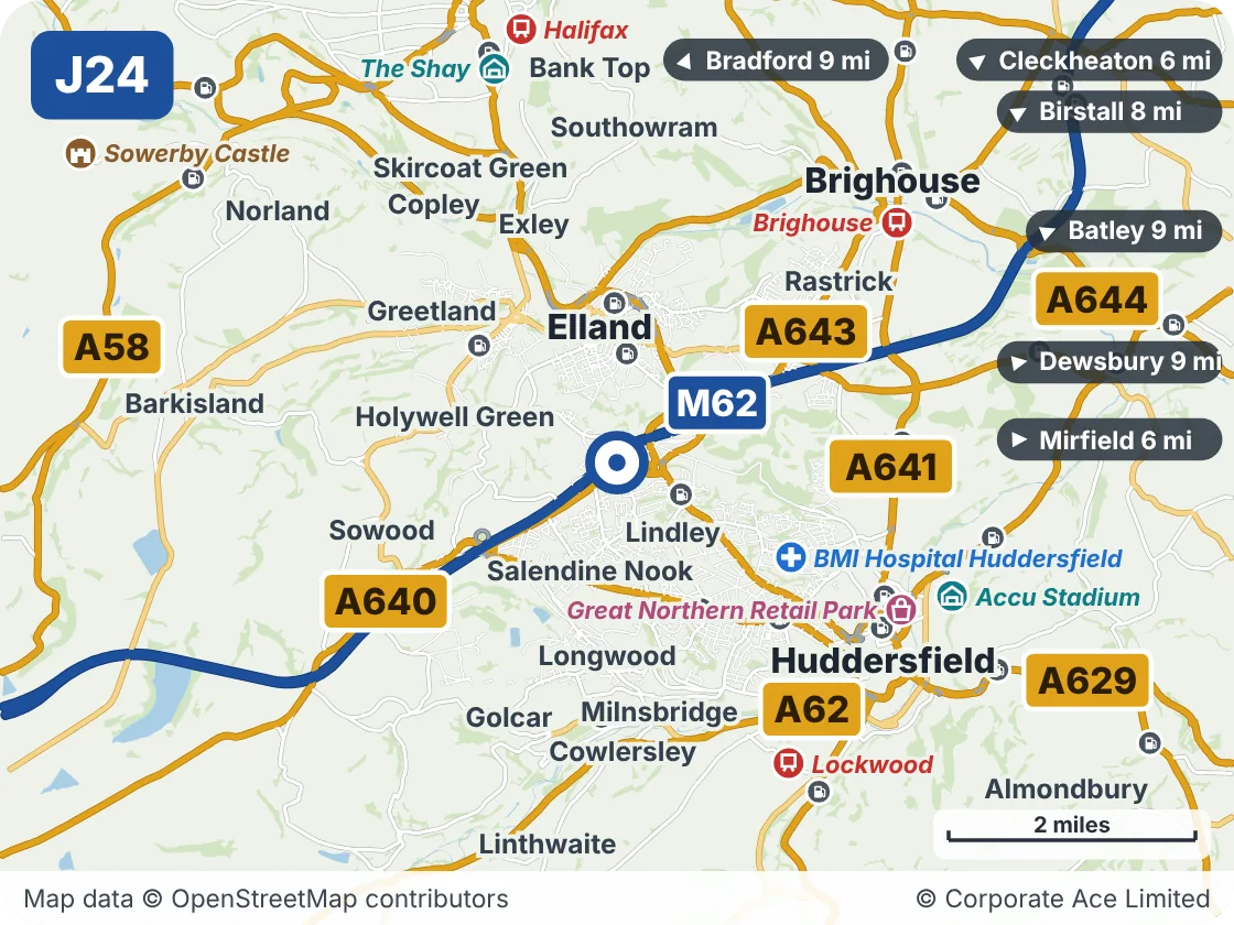 Map of the area within about 5 miles of M62 Junction 24 (Ainley Top), showing the towns, villages, roads and places to visit