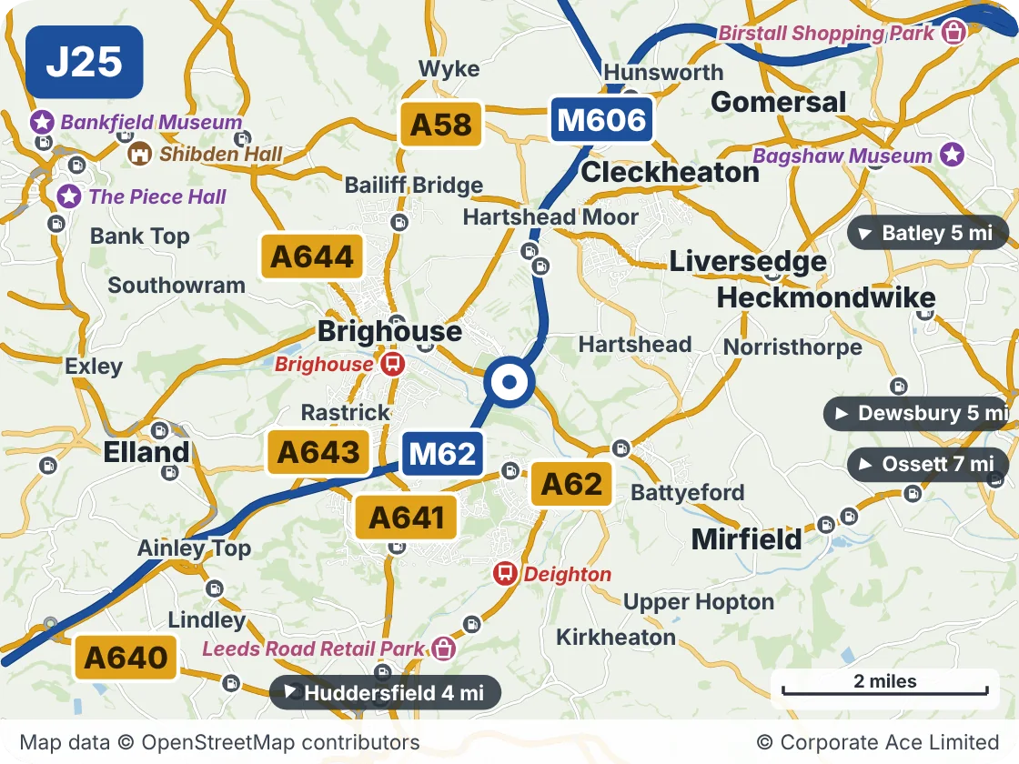 Map of the area within about 5 miles of M62 Junction 25 (Clifton Interchange), showing the towns, villages, roads and places to visit