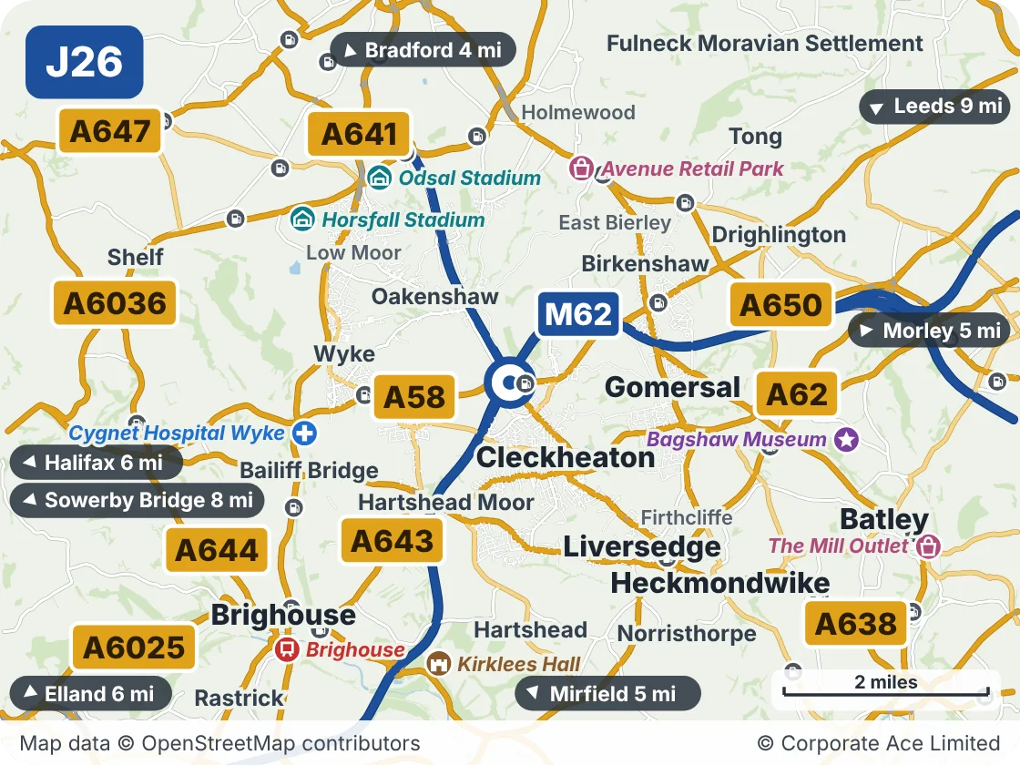 Map of the area within about 5 miles of M62 Junction 26 (Chain Bar Interchange), showing the towns, villages, roads and places to visit