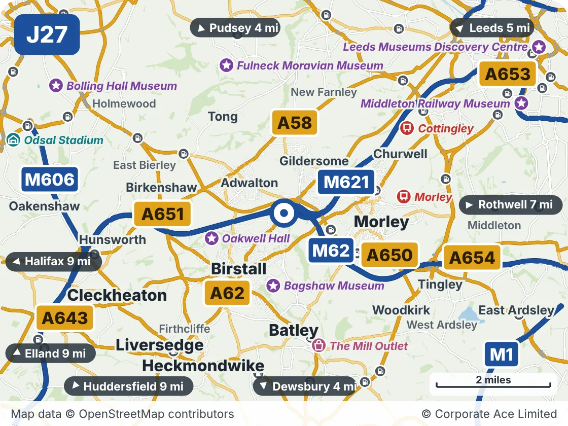 Map of the area within about 5 miles of M62 Junction 27 (Gildersome Interchange), showing the towns, villages, roads and places to visit