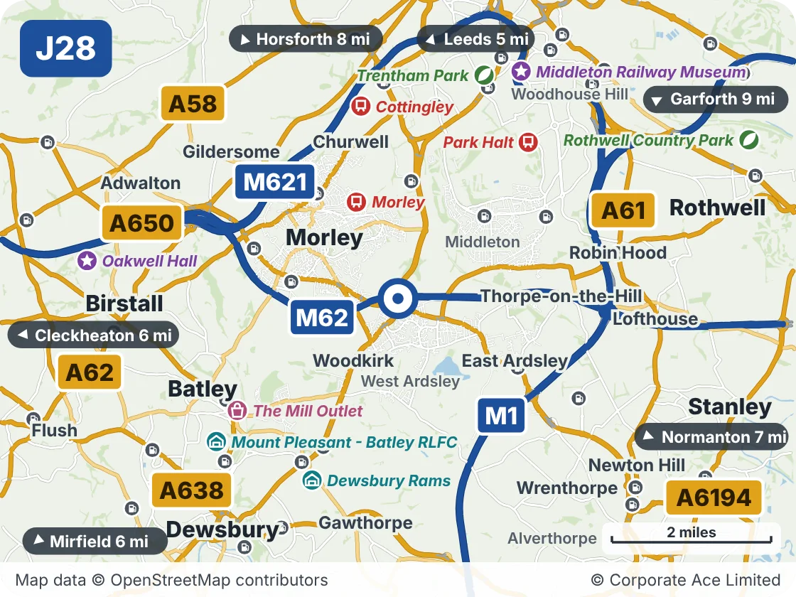 Map of the area within about 5 miles of M62 Junction 28 (Tingley Roundabout), showing the towns, villages, roads and places to visit