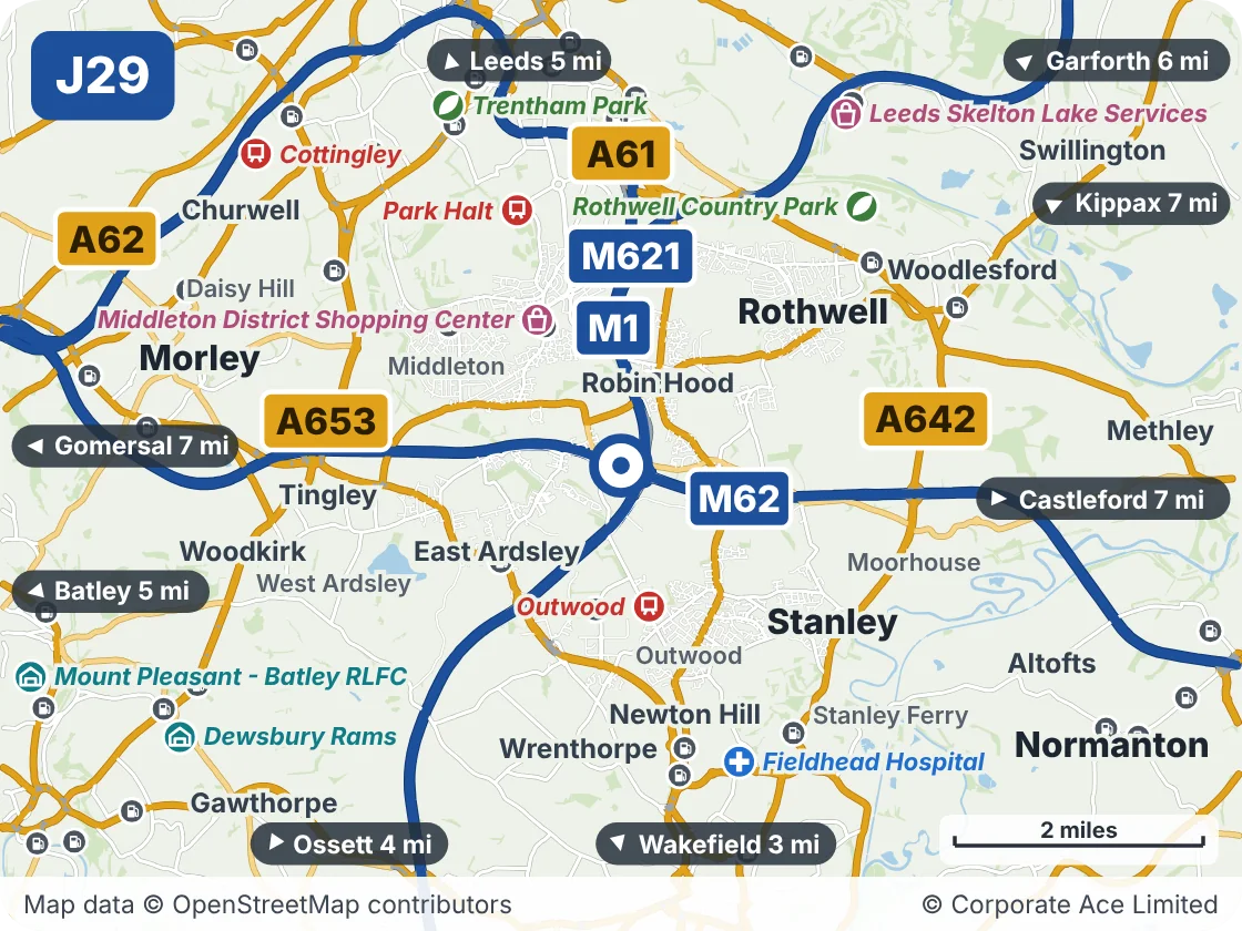 Map of the area within about 5 miles of M62 Junction 29 (Lofthouse), showing the towns, villages, roads and places to visit
