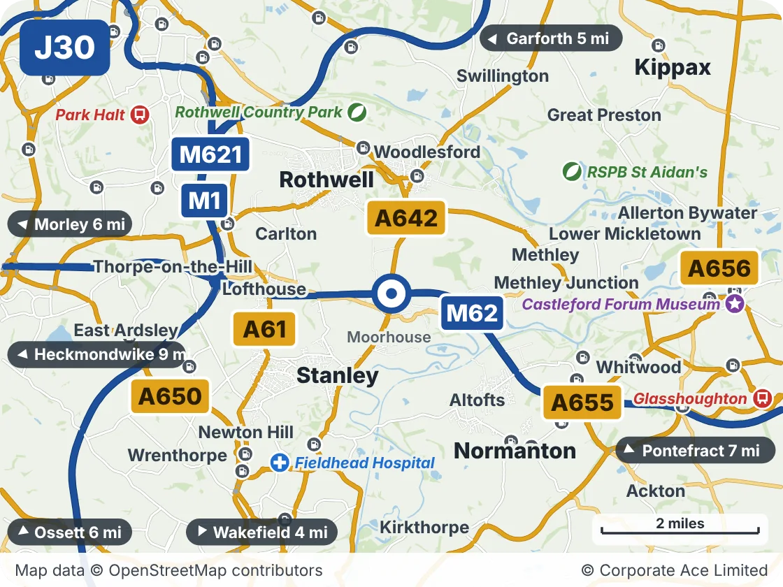 Map of the area within about 5 miles of M62 Junction 30 (Rothwell Interchange), showing the towns, villages, roads and places to visit