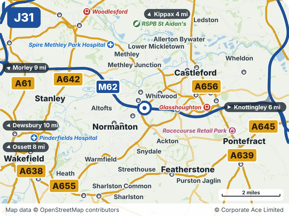 Map of the area within about 5 miles of M62 Junction 31 (Normanton Interchange), showing the towns, villages, roads and places to visit