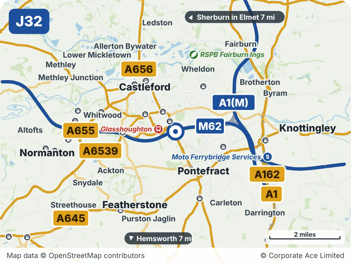 Map of the area within about 5 miles of M62 Junction 32 (Castleford Interchange), showing the towns, villages, roads and places to visit