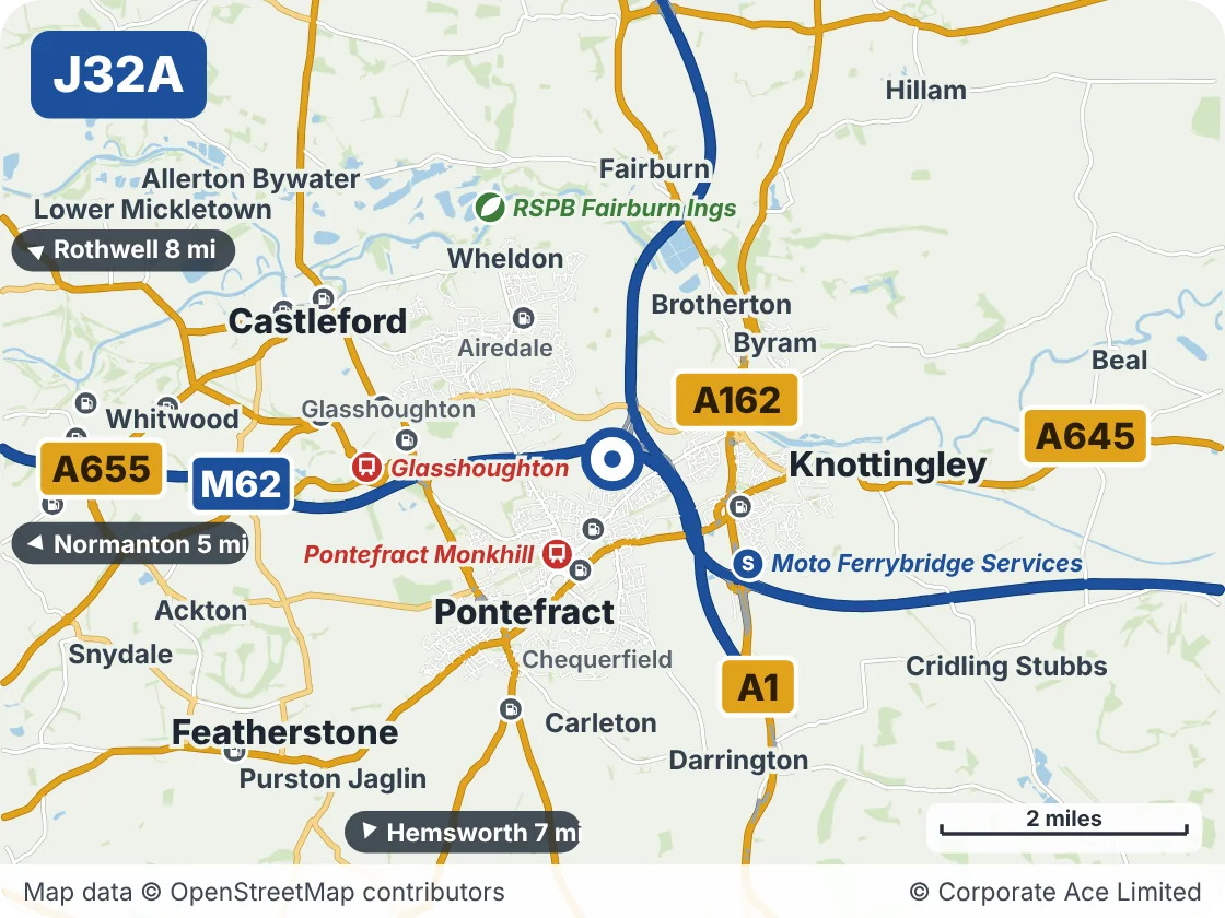 Map of the area within about 5 miles of M62 Junction 32A (Holmfield Interchange), showing the towns, villages, roads and places to visit