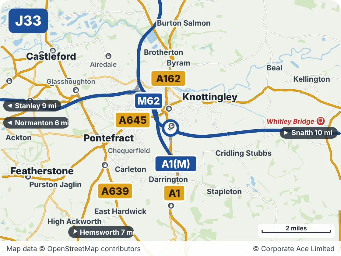 Map of the area within about 5 miles of M62 Junction 33 (Ferrybridge Interchange), showing the towns, villages, roads and places to visit