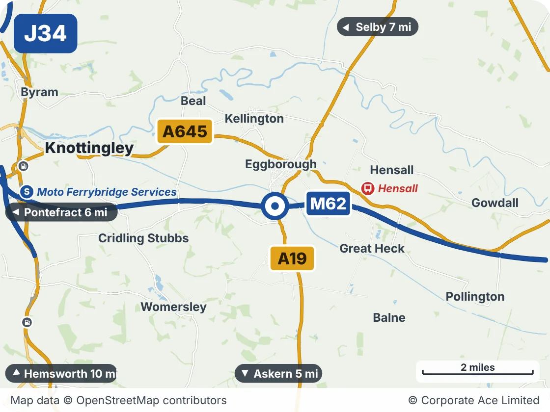 Map of the area within about 5 miles of M62 Junction 34 (Whitley Bridge Interchange), showing the towns, villages, roads and places to visit