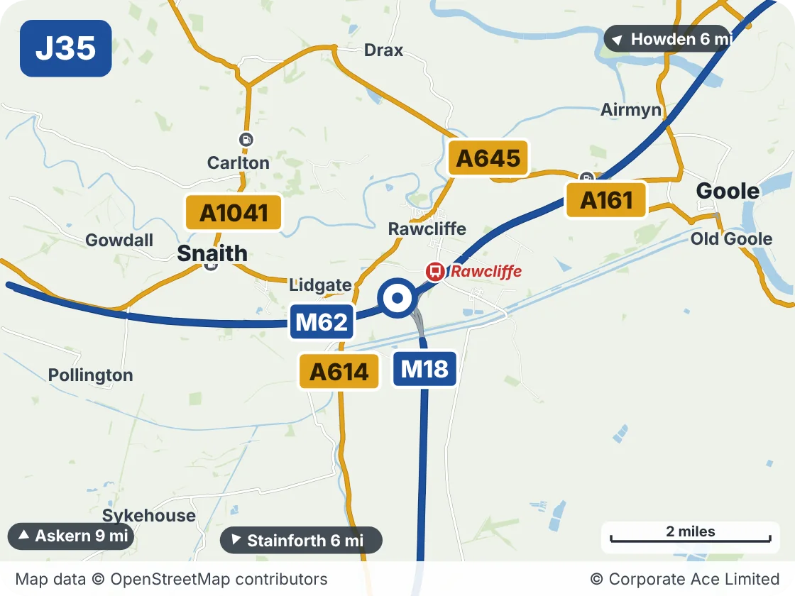 Map of the area within about 5 miles of M62 Junction 35 (Langham Interchange), showing the towns, villages, roads and places to visit