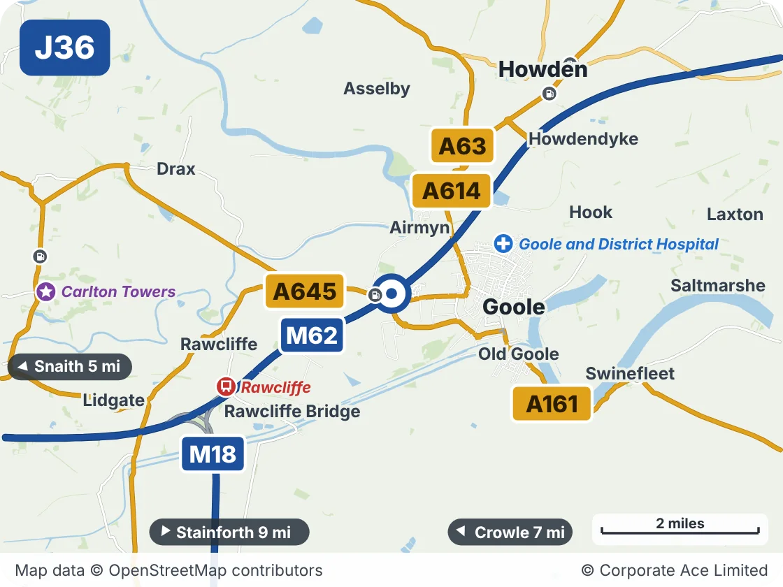 Map of the area within about 5 miles of M62 Junction 36 (Goole Interchange), showing the towns, villages, roads and places to visit