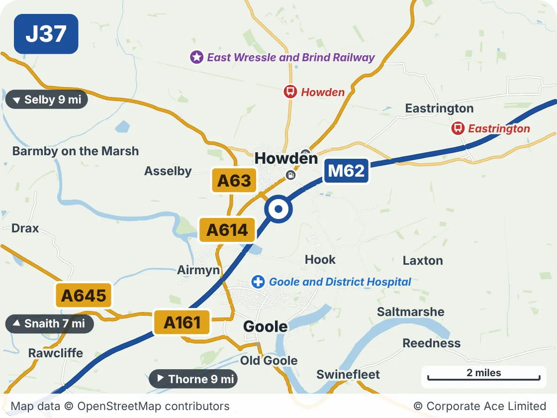 Map of the area within about 5 miles of M62 Junction 37 (Howden Spur), showing the towns, villages, roads and places to visit