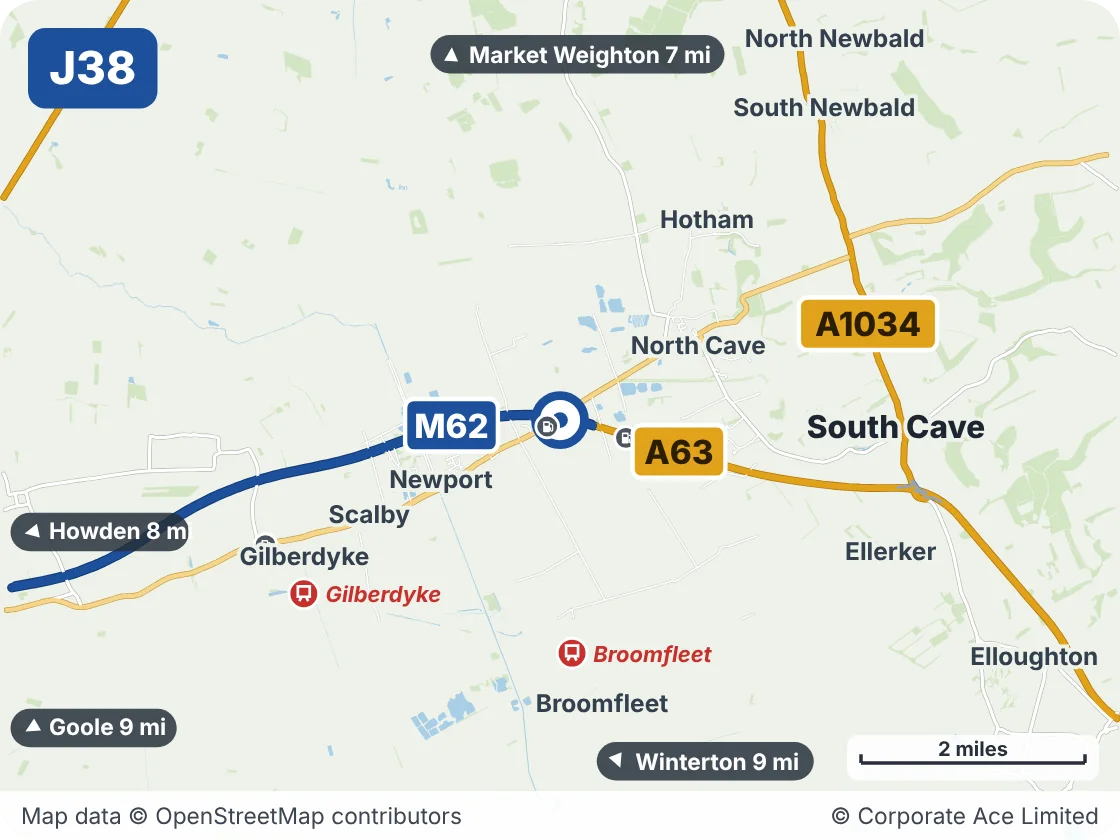 Map of the area within about 5 miles of M62 Junction 38 (North Cave Interchange), showing the towns, villages, roads and places to visit