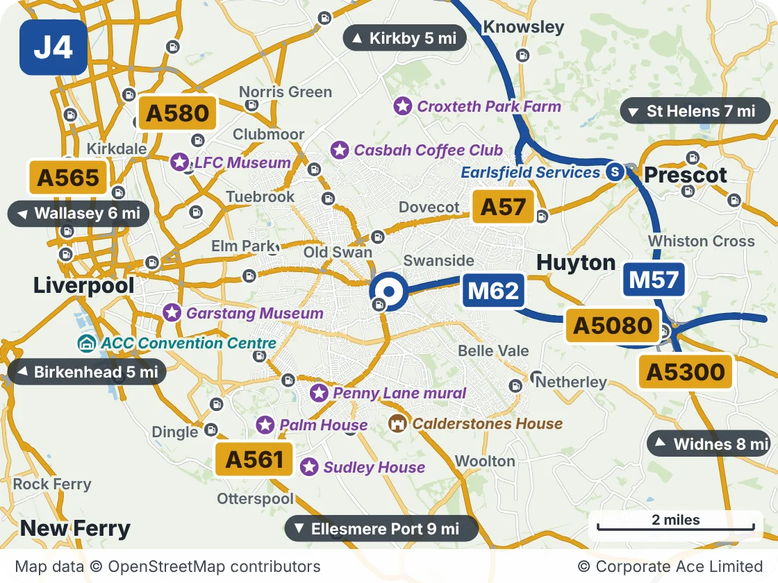 Map of the area within about 5 miles of M62 Junction 4 (The Rocket), showing the towns, villages, roads and places to visit