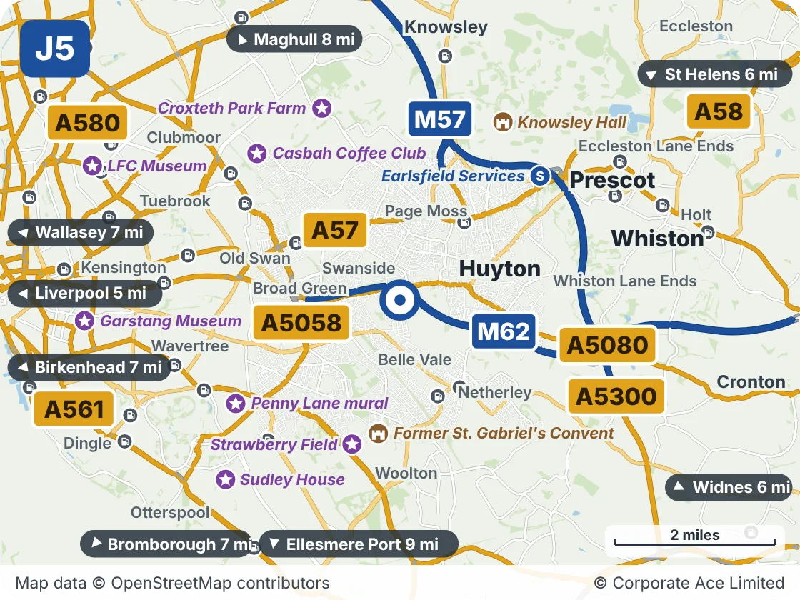 Map of the area within about 5 miles of M62 Junction 5 (Bowring Park), showing the towns, villages, roads and places to visit