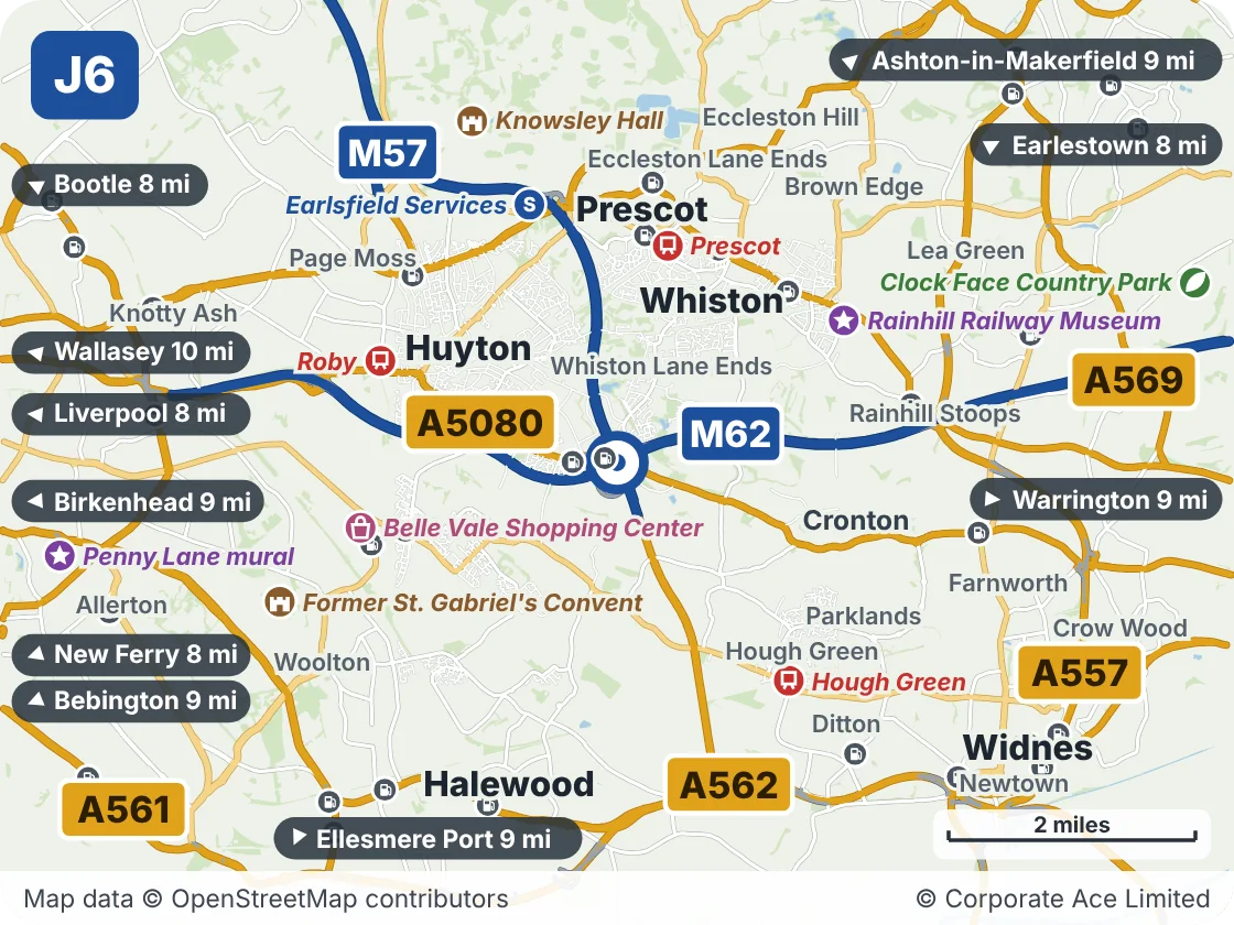 Map of the area within about 5 miles of M62 Junction 6 (Tarbock Roundabout), showing the towns, villages, roads and places to visit