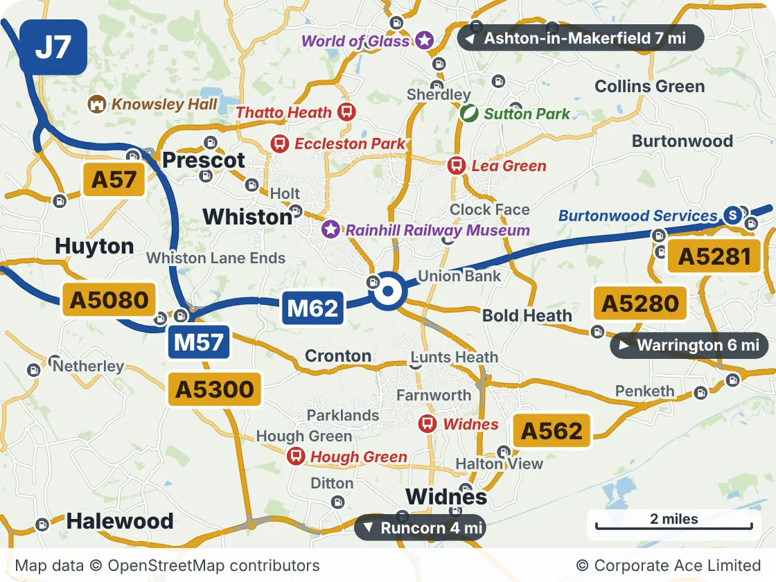 Map of the area within about 5 miles of M62 Junction 7 (Rainhill Stoops Interchange), showing the towns, villages, roads and places to visit