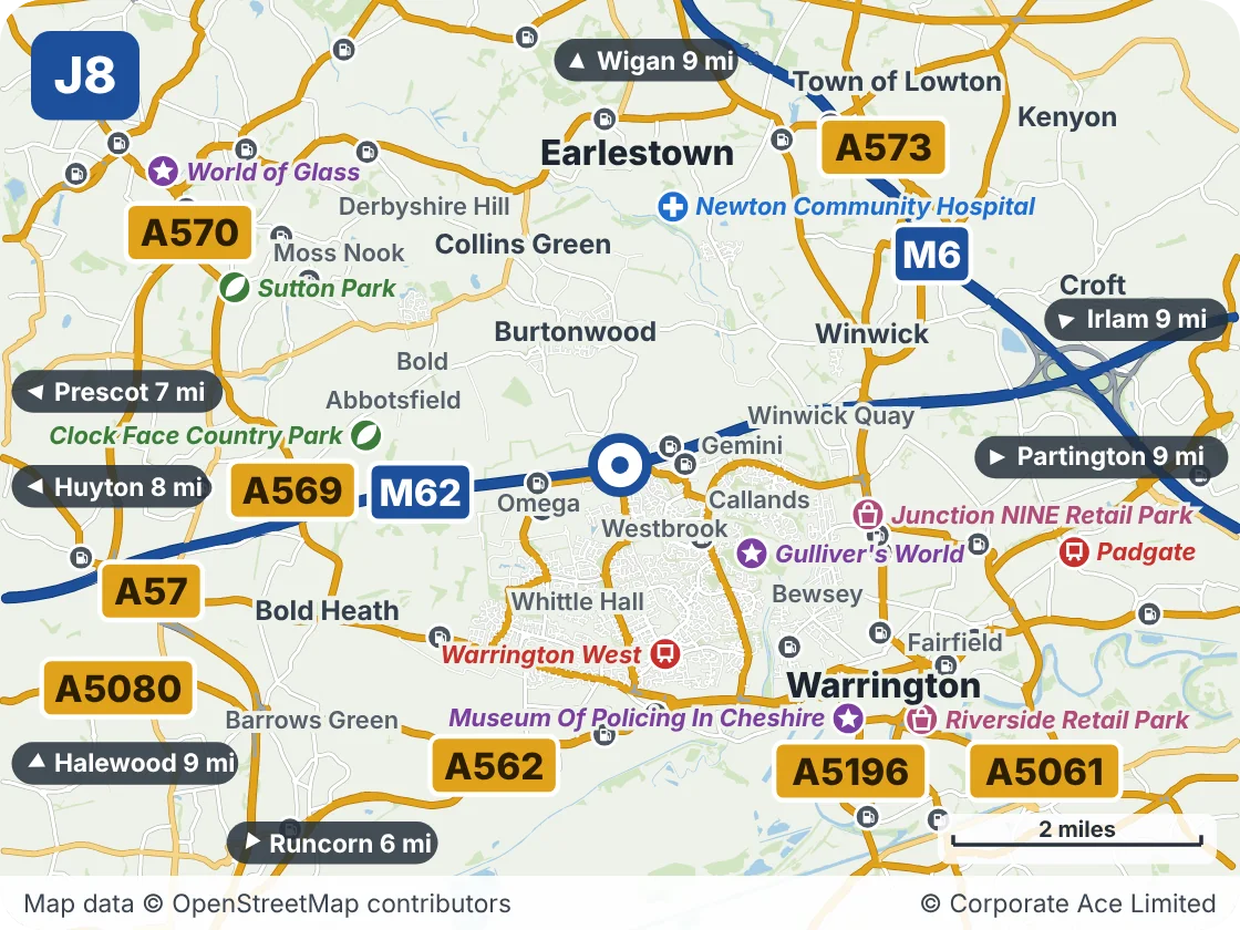 Map of the area within about 5 miles of M62 Junction 8 (Burtonwood Roundabout), showing the towns, villages, roads and places to visit