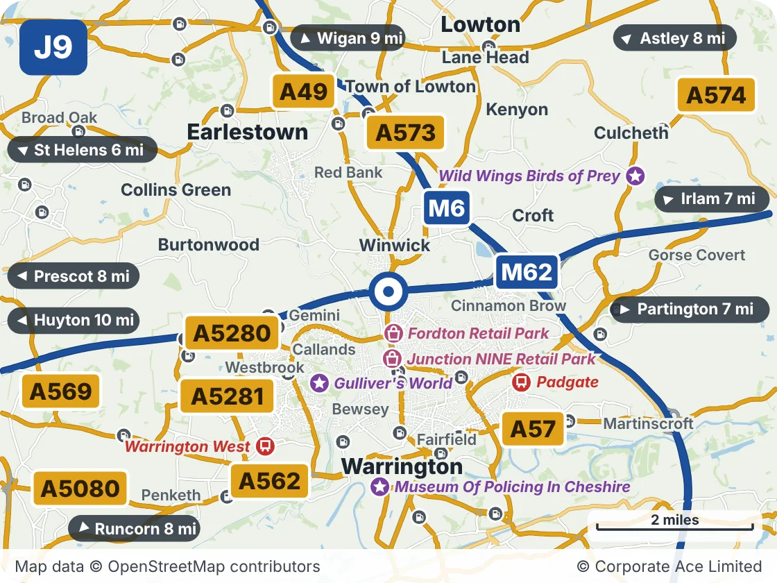 Map of the area within about 5 miles of M62 Junction 9 (Stump Cross), showing the towns, villages, roads and places to visit